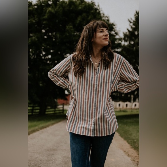 Sézane Max Shirt in Blue Ecru Burgundy Stripes FR 42 / US 10 - Picture 8 of 16